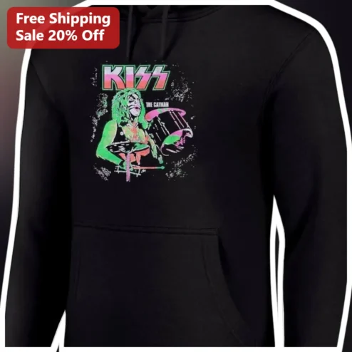 KISS The Catman Peter Criss Hoodie Classic Rock Band Merch Vintage Neon Graphic Pullover for Men Women