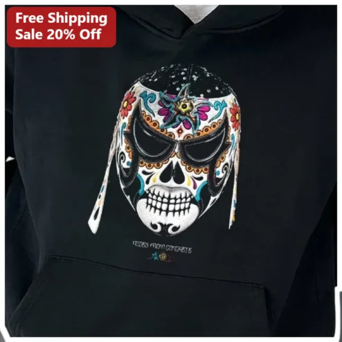 Kisses From Concheta Hoodie Lucha Libre Sugar Skull Day of the Dead Mexican Folk Art Streetwear Gift available at our Chicago, Illinois warehouse