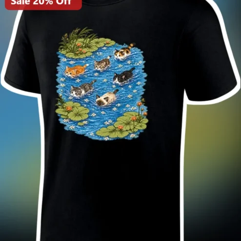 Kittens Swimming in Pond Graphic Tee Cute Cat Lover Gift Black T-Shirt