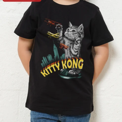 Kitty Kong Tee Funny Cat Lover Gift Vintage Movie Parody Graphic T-Shirt on a hanger, ready to ship from Chicago, Illinois