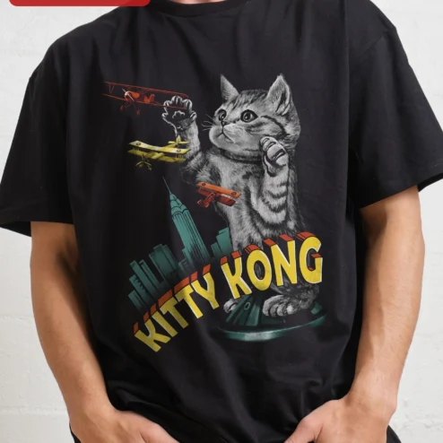 Kitty Kong Tee Funny Cat Lover Vintage Movie Poster Parody Graphic Shirt for Women Men on a hanger, ready to ship from Chicago, Illinois