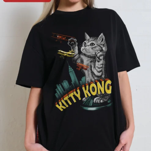 Kitty Kong Tee Funny Cat Lover Vintage Movie Poster Parody Graphic Shirt for Women Men