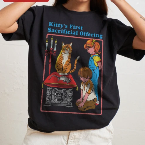 Kitty's First Sacrificial Offering Tee Funny Dark Humor Cat Lover Gift Vintage Gothic Kitten Graphic Shirt