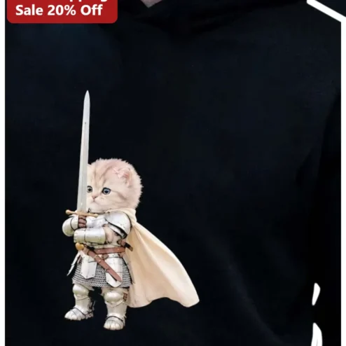 Knight Cat Armor Sword Graphic Hoodie for Fantasy Fans and Cat Lovers