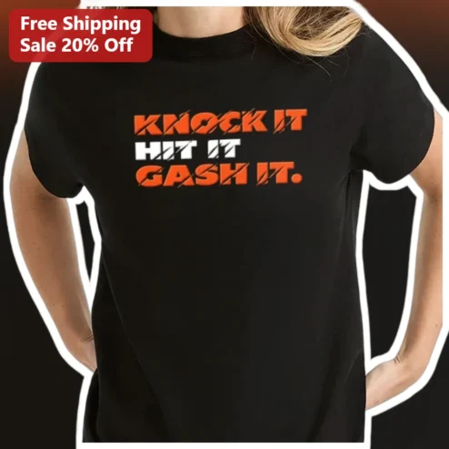 Knock It Hit It Gash It Distressed Typography Tee Retro Urban Streetwear Graphic Shirt available at our Chicago, Illinois warehouse