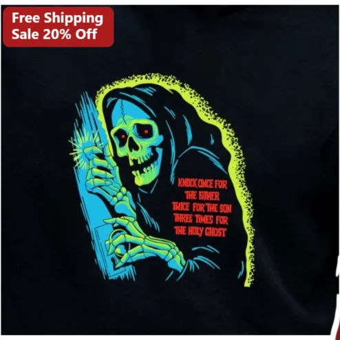 Knock Once For The Father Twice For The Son Three Times For The Holy Ghost Horror Skeleton Graphic Tee