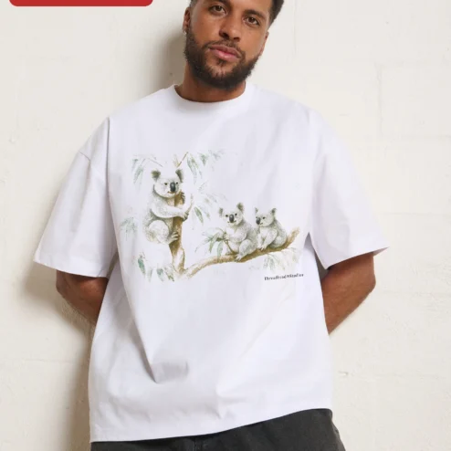 Customer in Chicago, Illinois wearing Koala Family Illustration Tee Cute Vintage Wildlife Graphic Shirt for Animal Lovers
