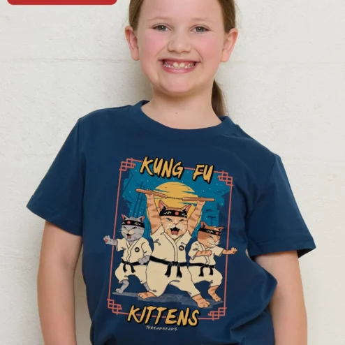 Kung Fu Kittens Graphic Tee Funny Cat Lover Shirt Martial Arts Kids Apparel on a hanger, ready to ship from Chicago, Illinois