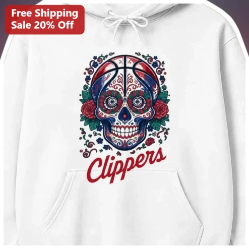 LA Clippers Hoodie Dia de los Muertos Sugar Skull Basketball Pullover available at our Chicago, Illinois warehouse
