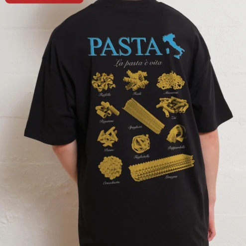 Close-up of La Pasta Vita Graphic Tee Italian Food Lover Shirt Funny Pasta Quote Gift for streetwear fans in Chicago, Illinois