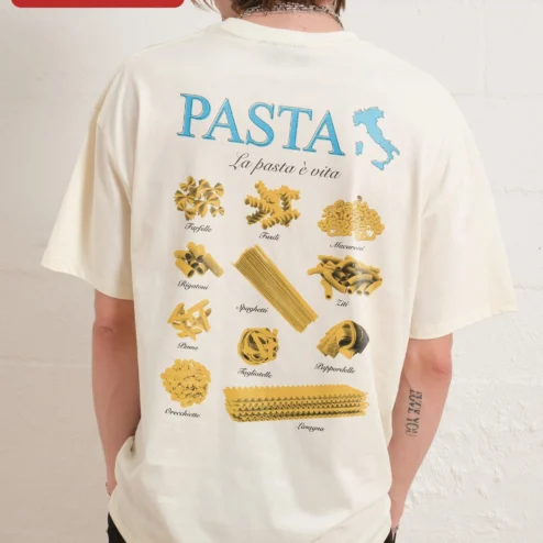 Customer in Chicago, Illinois wearing La Pasta Vita Graphic Tee Italian Food Lover Shirt Funny Pasta Quote Gift