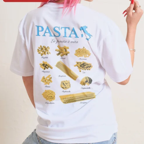 Close-up of La Pasta Vita Graphic Tee Italian Food Lover Shirt Funny Pasta Quote Gift for streetwear fans in Chicago, Illinois