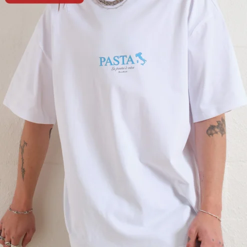 La Pasta Vita Italian Food Lover Graphic Tee on a hanger, ready to ship from Chicago, Illinois