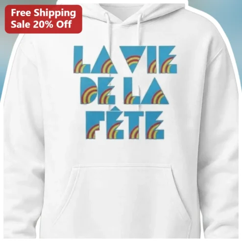 LA VIE DE LA FÊTE Hoodie Retro Rainbow French Party Slogan Pullover