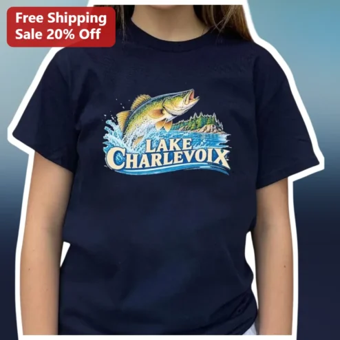 Lake Charlevoix Tee Michigan Fishing Bass Vintage Travel Poster Shirt Gift for Men Women available at our Chicago, Illinois warehouse