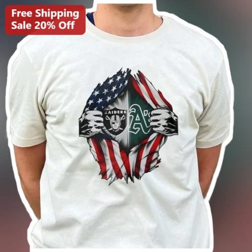 Las Vegas Raiders Oakland Athletics Dual Team Fan Tee American Flag Tear Reveal Design