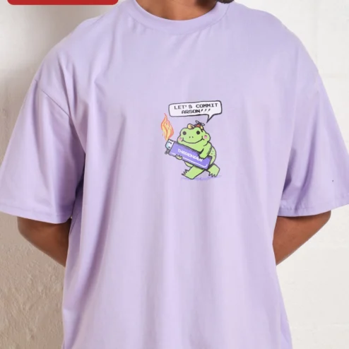 Customer in Chicago, Illinois wearing Let's Commit Arson Frog Graphic Tee Dark Humor Meme Shirt Unisex Oversized Fit