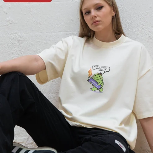 Close-up of Let's Commit Arson Frog Graphic Tee Dark Humor Meme Shirt Unisex Oversized Fit for streetwear fans in Chicago, Illinois