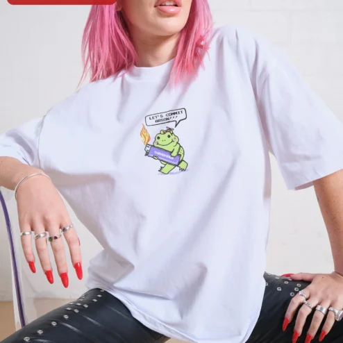 Close-up of Let's Commit Arson Frog Graphic Tee Dark Humor Meme Shirt Unisex Oversized Fit for streetwear fans in Chicago, Illinois