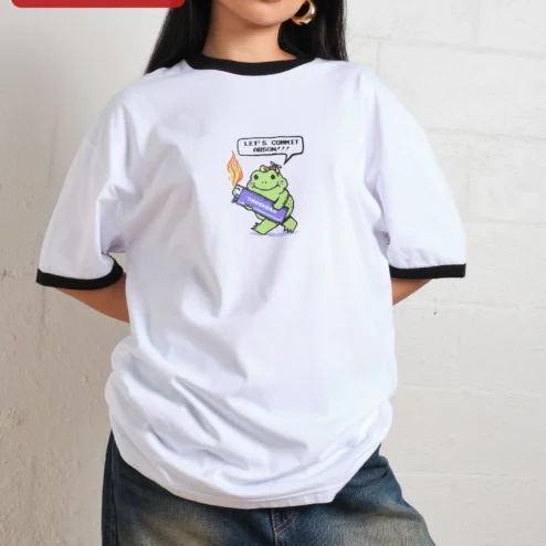 Let's Commit Arson Funny Frog Graphic Tee Unisex Dark Humor Kawaii Shirt on a hanger, ready to ship from Chicago, Illinois