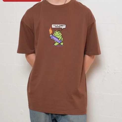 Close-up of Let's Commit Arson Funny Frog Graphic Tee Unisex Dark Humor Kawaii Shirt for streetwear fans in Chicago, Illinois