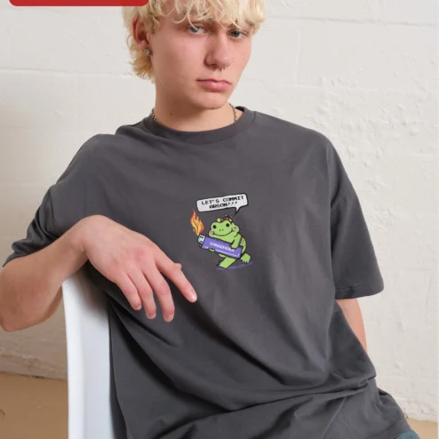 Customer in Chicago, Illinois wearing Let's Commit Arson Funny Frog Graphic Tee Unisex Dark Humor Kawaii Shirt