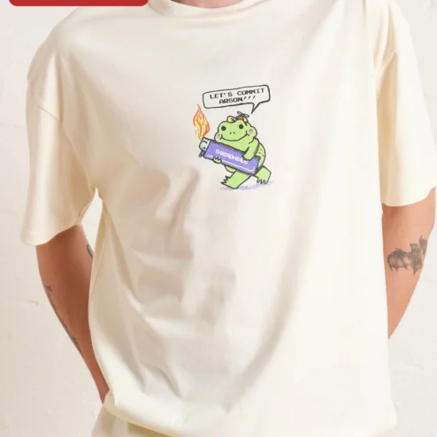 Close-up of Let's Commit Arson Funny Frog Graphic Tee Unisex Dark Humor Kawaii Shirt for streetwear fans in Chicago, Illinois