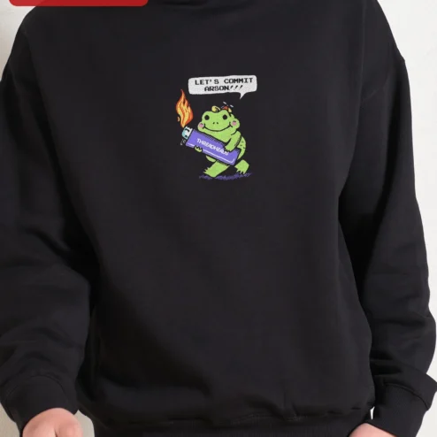 Let's Commit Arson Hoodie Cute Frog Meme Streetwear Unisex Pullover on a hanger, ready to ship from Chicago, Illinois