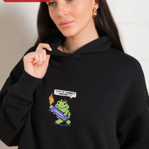 Customer in Chicago, Illinois wearing Let's Commit Arson Hoodie Cute Frog Meme Streetwear Unisex Pullover