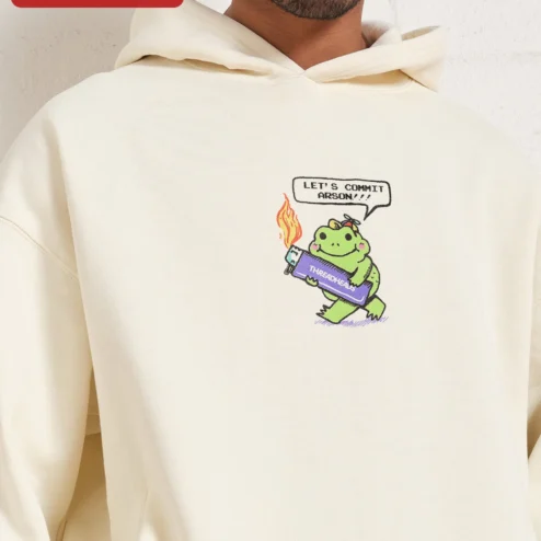 Close-up of Let's Commit Arson Hoodie Cute Frog Meme Streetwear Unisex Pullover for streetwear fans in Chicago, Illinois