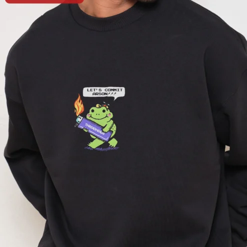 Let's Commit Arson Sweatshirt Dark Humor Frog Crewneck Unisex Streetwear Gift on a hanger, ready to ship from Chicago, Illinois