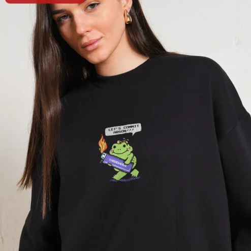 Customer in Chicago, Illinois wearing Let's Commit Arson Sweatshirt Dark Humor Frog Crewneck Unisex Streetwear Gift