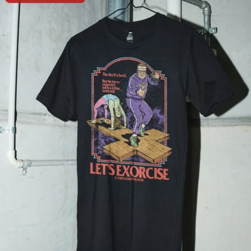 Let's Exorcise Funny Workout Graphic Tee Horror Comedy Fitness Shirt on a hanger, ready to ship from Chicago, Illinois
