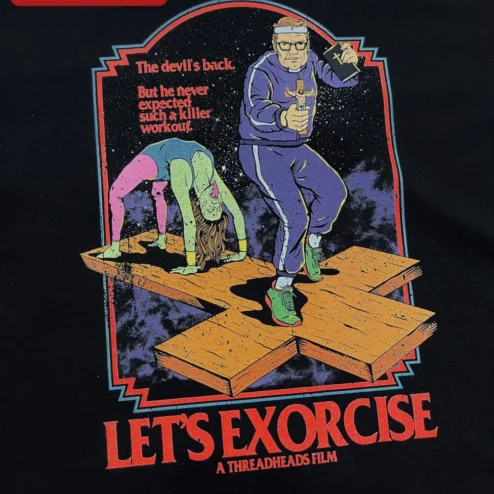 Customer in Chicago, Illinois wearing Let's Exorcise Funny Workout Graphic Tee Horror Comedy Fitness Shirt
