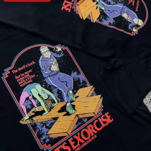 Close-up of Let's Exorcise Funny Workout Graphic Tee Horror Comedy Fitness Shirt for streetwear fans in Chicago, Illinois