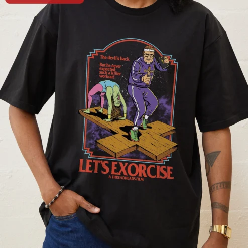 Close-up of Let's Exorcise Funny Workout Graphic Tee Horror Comedy Fitness Shirt for streetwear fans in Chicago, Illinois