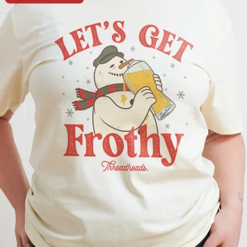 Customer in Chicago, Illinois wearing Let's Get Frothy Tee Funny Christmas Snowman Drinking Beer Graphic T-Shirt Holiday Party Gift
