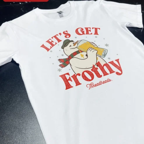 Let's Get Frothy Tee Funny Christmas Snowman Drinking Beer Graphic T-Shirt Holiday Party Gift