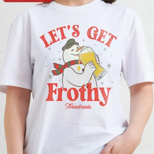 Customer in Chicago, Illinois wearing Let's Get Frothy Tee Funny Christmas Snowman Drinking Beer Graphic T-Shirt Holiday Party Gift