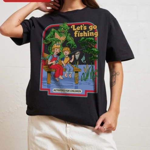 Let's Go Fishing Activities For Children Tee Vintage Horror Swamp Monster Graphic Shirt