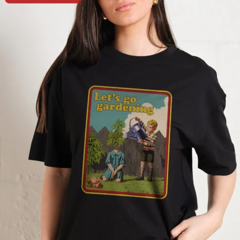 Let's Go Gardening Tee Retro Vintage Plant Lover Gift Shirt on a hanger, ready to ship from Chicago, Illinois
