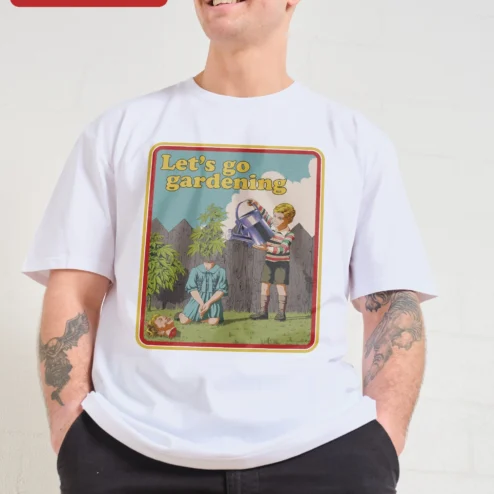 Close-up of Let's Go Gardening Tee Retro Vintage Plant Lover Gift Shirt for streetwear fans in Chicago, Illinois
