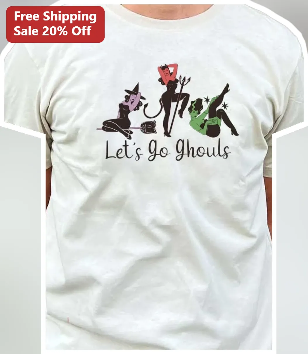 Let's Go Ghouls Retro Pin Up Halloween Graphic Tee for Women Spooky Season Party Shirt