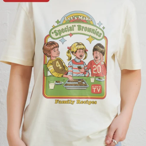 Let's Make Special Brownies Family Recipes Tee Retro Comic Style Humor Gift on a hanger, ready to ship from Chicago, Illinois