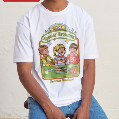 Customer in Chicago, Illinois wearing Let's Make Special Brownies Family Recipes Tee Retro Comic Style Humor Gift