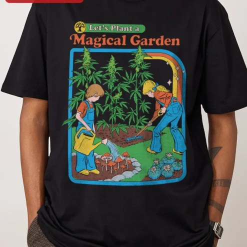 Let's Plant a Magical Garden Tee Retro Cannabis Gardener Shirt for Women Men on a hanger, ready to ship from Chicago, Illinois