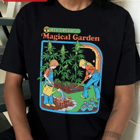 Customer in Chicago, Illinois wearing Let's Plant a Magical Garden Tee Retro Cannabis Gardener Shirt for Women Men
