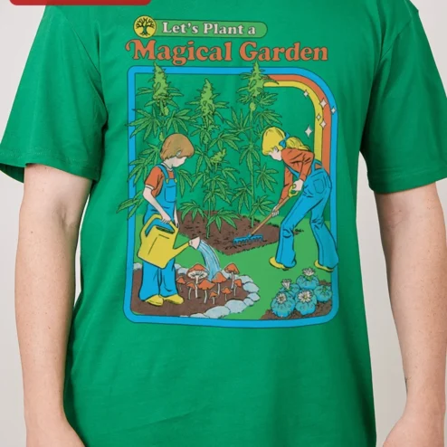 Close-up of Let's Plant a Magical Garden Tee Retro Cannabis Gardener Shirt for Women Men for streetwear fans in Chicago, Illinois