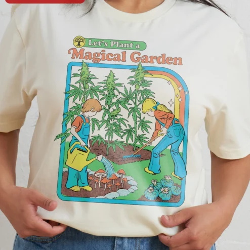 Customer in Chicago, Illinois wearing Let's Plant a Magical Garden Tee Retro Cannabis Gardener Shirt for Women Men