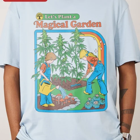 Close-up of Let's Plant a Magical Garden Tee Retro Cannabis Gardener Shirt for Women Men for streetwear fans in Chicago, Illinois